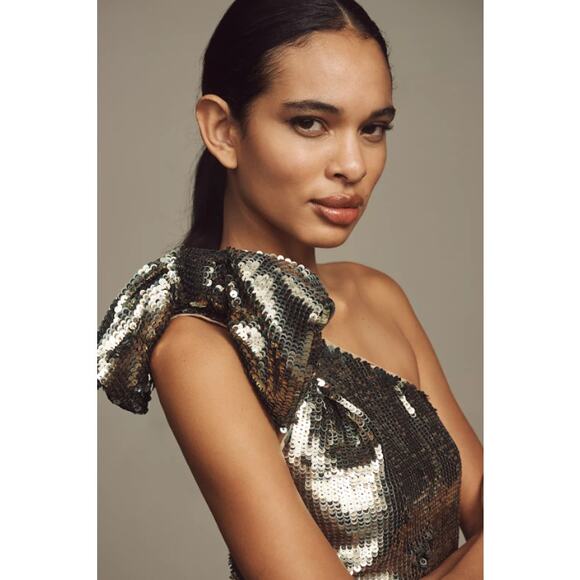 Anthropologie MAEVE One-Shoulder Sequin Mini Dress in Gold Size 12 NWT $228 - Picture 3 of 7